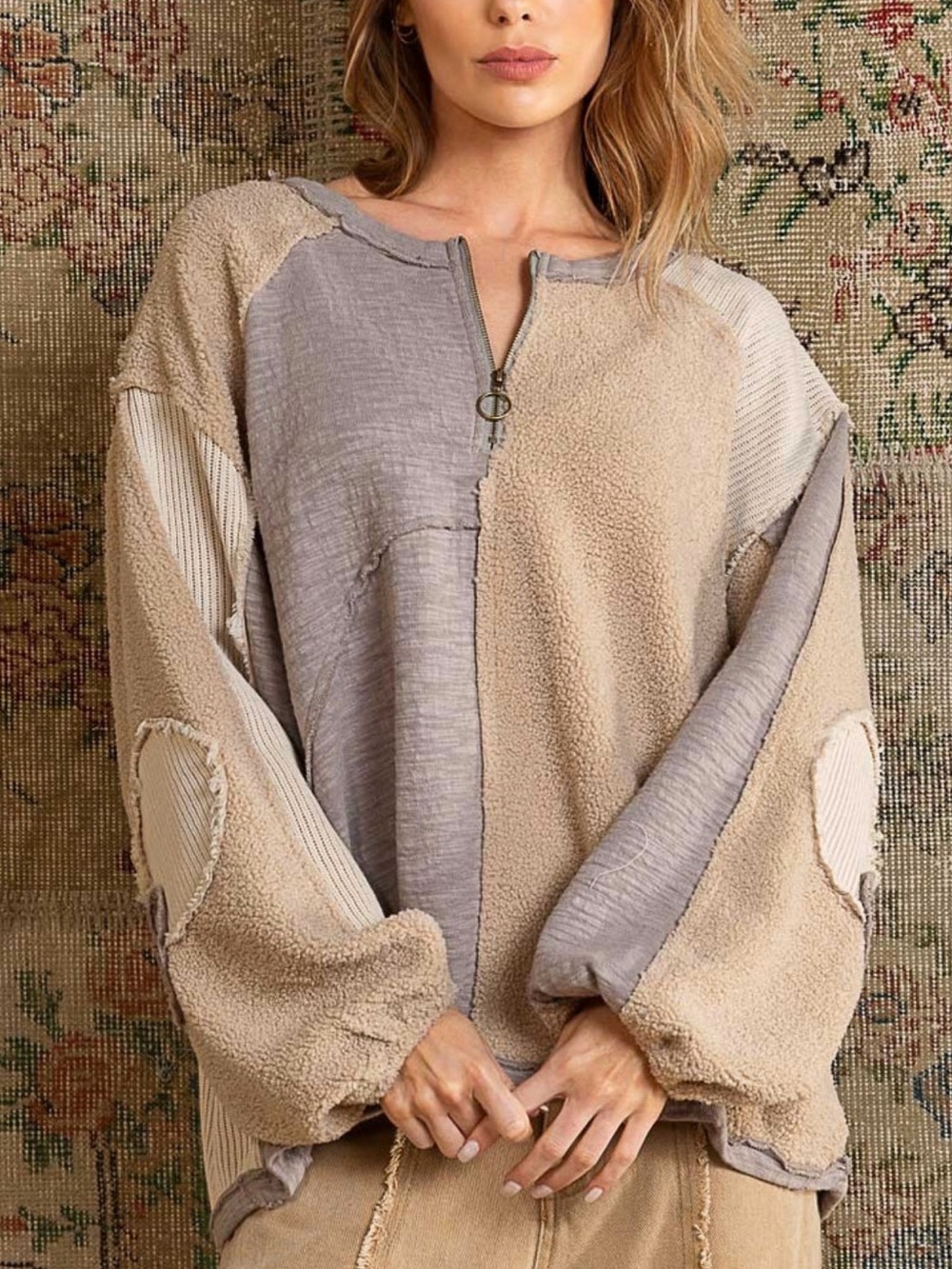 POL Patchwork Quarter Zip Pullover in Taupe and Beige - Size: Small - Picture 14 of 14